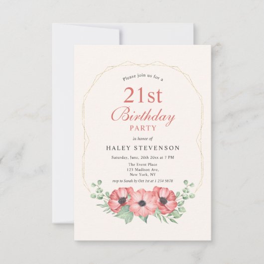 大人っぽいピンクの花の21歳の誕生日 招待状 (正面)