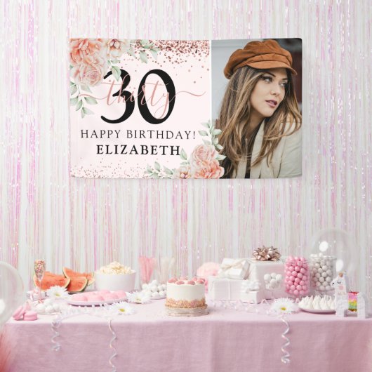 大人っぽいピンクの花の30歳の誕生日フォト 横断幕 (パーティー)