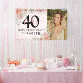 大人っぽいピンクの花の40歳の誕生日フォト 横断幕