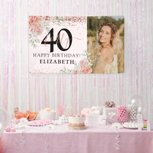 大人っぽいピンクの花の40歳の誕生日フォト 横断幕 (パーティー)