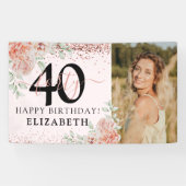 大人っぽいピンクの花の40歳の誕生日フォト 横断幕 (横)