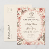 大人っぽいピンクの花柄の結婚式招待状ポストカード インビテーションポストカード (正面/裏面)
