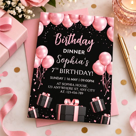 大人っぽいピンクの誕生日ディナー 招待状