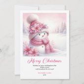 大人っぽいピンクの雪だるまの子供向けデジタルクリスマスカード シーズンカード (正面)