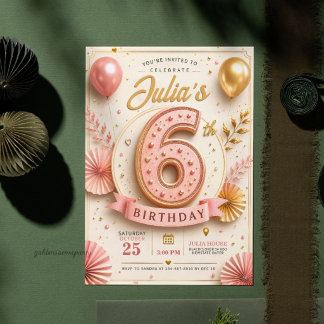 大人っぽいピンクゴールドの6歳の誕生日パーティー 招待状