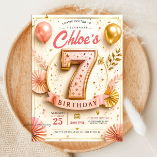 大人っぽいピンクゴールドの7歳の誕生日パーティー 招待状