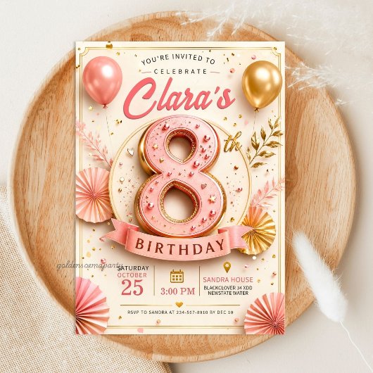 大人っぽいピンクゴールドの8歳の誕生日パーティー 招待状