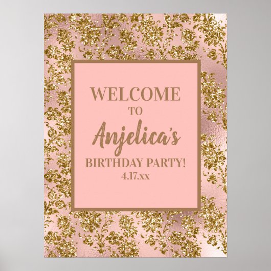 大人っぽいピンクゴールドラメ 女子の誕生日パーティー ポスター (正面)