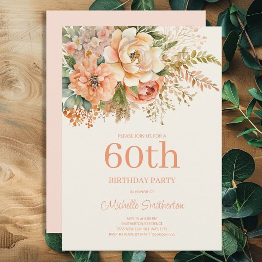 大人っぽいピーチクリームの花柄 60歳の誕生日 招待状