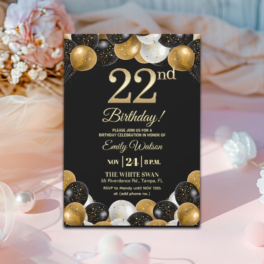 大人っぽいブラックゴールドラメ 22歳の誕生日パーティー 招待状