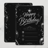 大人っぽいブラック×シルバーの誕生日招待状 招待状 (正面/裏面)
