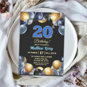 大人っぽいブルー+シルバー+ゴールドの20歳の誕生日パーティー 招待状