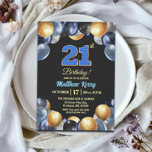 大人っぽいブルー+シルバー+ゴールドの21歳の誕生日パーティー 招待状