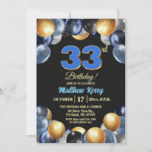 大人っぽいブルー+シルバー+ゴールドの33歳の誕生日パーティー 招待状 (正面)