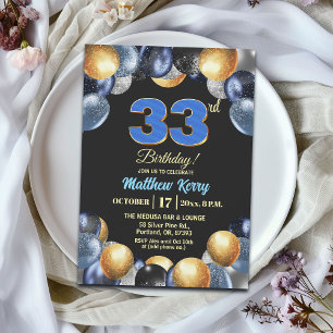 大人っぽいブルー+シルバー+ゴールドの33歳の誕生日パーティー 招待状