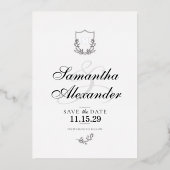 大人っぽいモノクロの紋章デザインの結婚式日程事前通知 箔招待状 (正面)