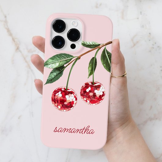 大人っぽいレッドチェリーの名前入りスクリプトフォント ピンク Case-Mate iPhoneケース