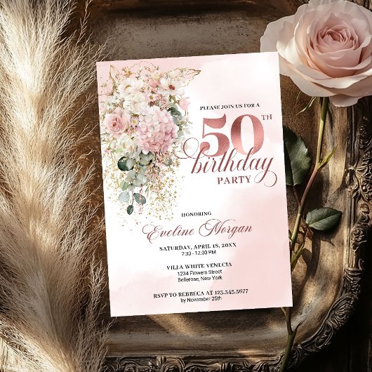 大人っぽいローズゴールドのピンクフラワー 50歳の誕生日招待状 @ 招待状