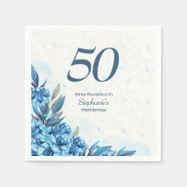 大人っぽい冬の白と青の花の50歳の誕生日  スタンダードカクテルナプキン