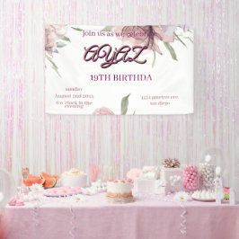 大人っぽい可愛いピンクの花柄の18歳の誕生日 横断幕