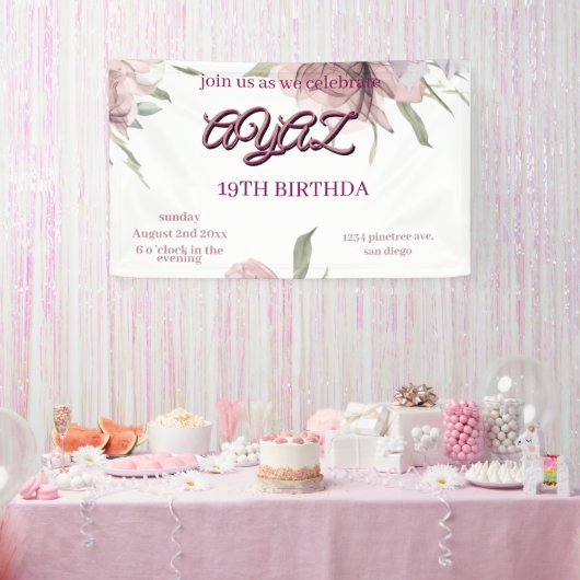 大人っぽい可愛いピンクの花柄の18歳の誕生日 横断幕 (パーティー)