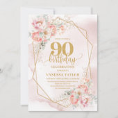 大人っぽい淡いピンクとゴールドのラメの花の90歳の誕生日招待状 招待状 (正面)
