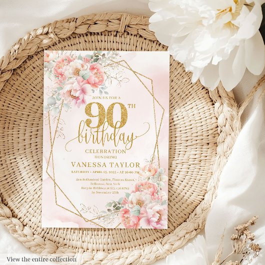 大人っぽい淡いピンクとゴールドのラメの花の90歳の誕生日招待状 招待状