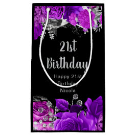 大人っぽい紫とシルバーの花の誕生日 スモールペーパーバッグ
