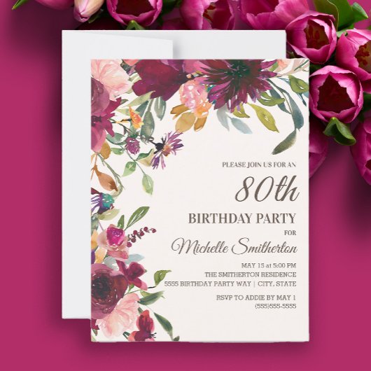 大人っぽい紫とピンクの華やかなゴールドの花 80歳の誕生日 招待状