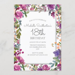 大人っぽい紫の花の水彩画 18歳の誕生日 招待状