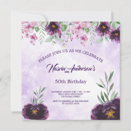 大人っぽい紫の花の誕生日招待状