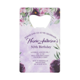 大人っぽい紫の花の誕生日招待状 クレジットカード栓抜き