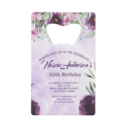 大人っぽい紫の花の誕生日招待状 クレジットカード栓抜き (正面)