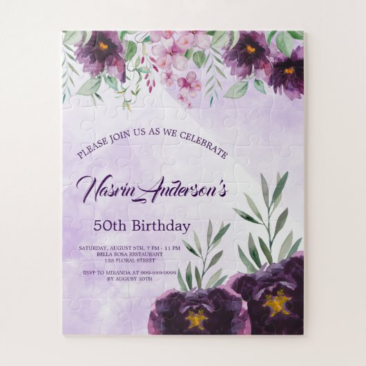 大人っぽい紫の花の誕生日招待状 ジグソーパズル (縦)
