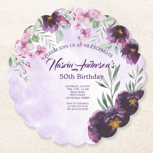 大人っぽい紫の花の誕生日招待状 ペーパーコースター (正面)