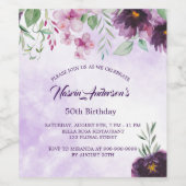 大人っぽい紫の花の誕生日招待状 ワインラベル (シングルラベル)