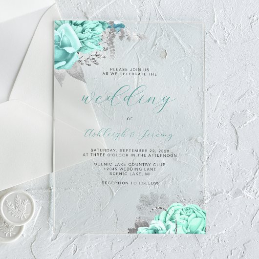 大人っぽい花柄のアクアブルーとシルバースクリプトの結婚式 アクリル招待状