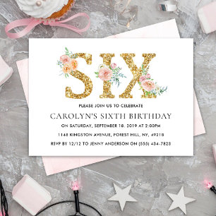 大人っぽい花柄のゴールドラメ SIX 6歳の誕生日 招待状