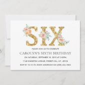 大人っぽい花柄のゴールドラメ SIX 6歳の誕生日 招待状 (正面)
