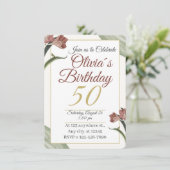 大人っぽい花柄の50歳の誕生日 – ゴールドとサーモンピンクの花 招待状 (スタンド正面)