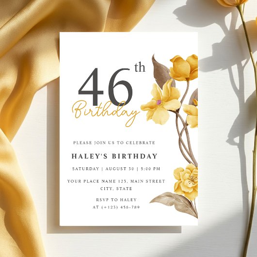 大人っぽい華やかなシンプルなイエロー 46歳の誕生日 招待状