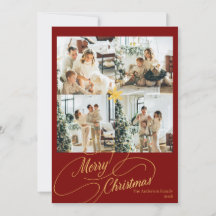 大人っぽい赤とゴールドのメリークリスマス家族写真 - 