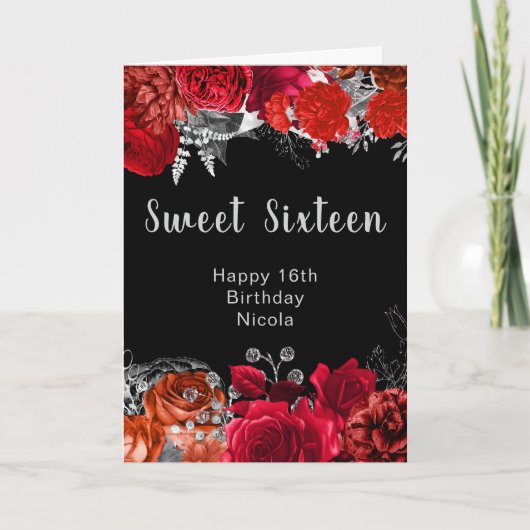 大人っぽい赤とシルバーの花のスウィートシックスティーン カード (正面)