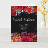 大人っぽい赤とシルバーの花のスウィートシックスティーン カード (黄色い花)