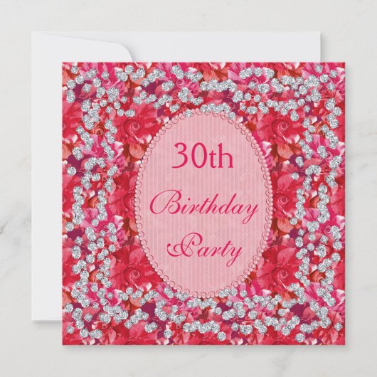 大人っぽい赤とピンクの花とダイヤモンドの30歳の誕生日 招待状 (正面)