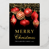 大人っぽい赤と金のクリスマスオーナメントのフォトカード 3枚の写真用 箔シーズンカード (正面)