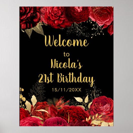 大人っぽい赤と金の花 お誕生日パーティー ウェルカム ポスター (正面)