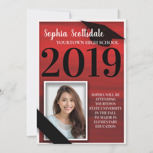 大人っぽい赤黒白の卒業お知らせ 招待状 (正面)