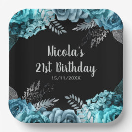 大人っぽい青緑とシルバーの花の誕生日パーティー ペーパープレート