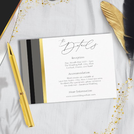 大人っぽい黒とグレーとゴールドのストライプの結婚式の詳細 エンクロージャーカード